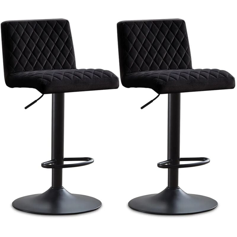 Lot de 2 Tabourets de Bar Hauteur Réglable,Noir Tabourets de Bar Siège en Velours avec Dossier et Repose-Pieds,360° Rotation pour Bistrots,Bar,Bureau