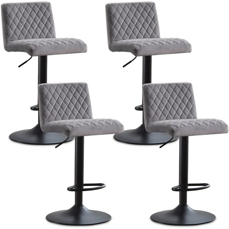 Lot de 4 Tabourets de Bar Hauteur Réglable,Gris Tabourets de Bar Siège en Velours avec Dossier et Repose-Pieds,360° Rotation pour Bistrots,Bar,Bureau