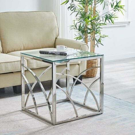 JYMTOM Table carrée à café pour salon en acier inoxydable et verre trempé (argenté)
