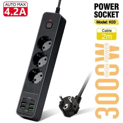K03 Black Ue Plug-Multiprise ue 3000W, prise ca, rallonge électrique de 2m, USB Type C PD, adaptateur de filt