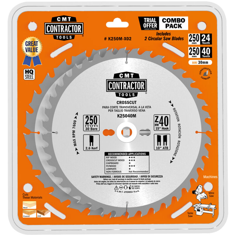CMT - K250M-X02 2 lames circulaires 250X2.6/1.8X30 Z24+40 atb