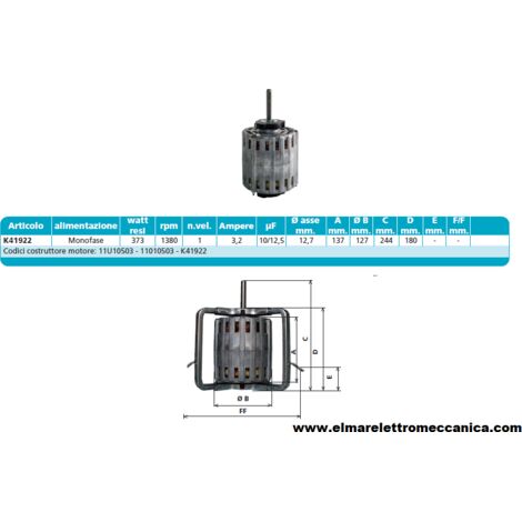 K41922 373 W 1380 GIRI Motore Elettrico Monofase Ventilatore Centrifugo Assiale