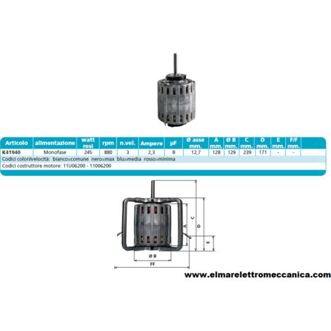 K41940 245 W 3 velocità Motore Elettrico Monofase Ventilatore Centrifugo Assiale