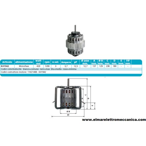 K41942 420 W 3 Velocità Motore Elettrico Monofase Ventilatore Centrifugo Assiale