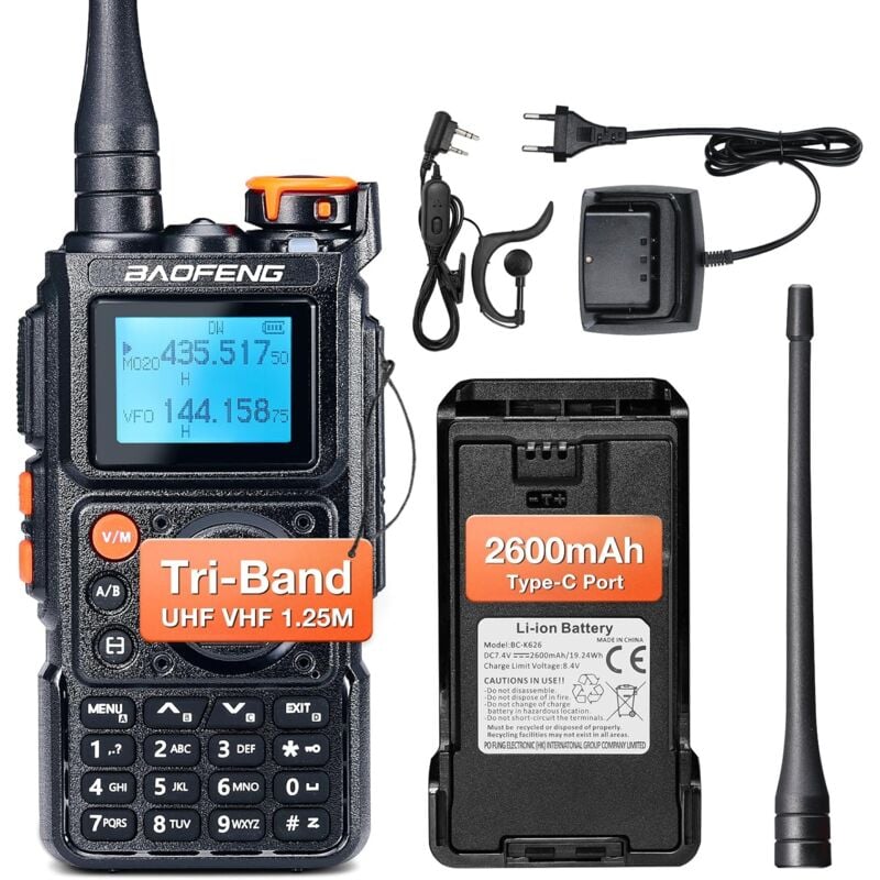 K6 Tri-Bande Talkie-walkie, Radio Amateur Haute Puissance 6W, multibande UHF/VHF/FM/Air, 2600 mAh Batterie, Charge USB-C, 999 CH, Copie de fréquence