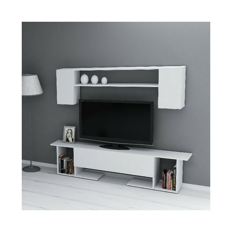 

Kaan Mueble TV con mesa de cafe, puertas, estantes - para la sala de estar - Blanco en Madera, 180 x 31,5 x 45 cm