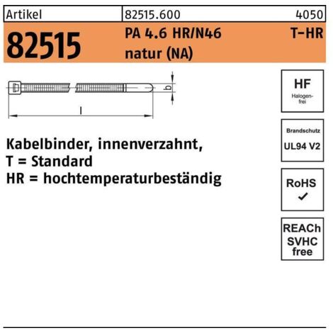 Kabelbinder R 82515 innenverzahnt 4,6 x 200 / 50 Polyamid 4.6 HR/N46 natur