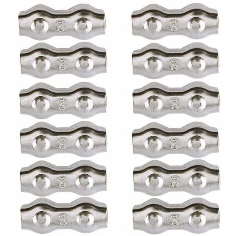 Kabelklemmen, 3-mm-Stahlkabelklemmen, 12 Stück, Doppelkabelklemmen, Kabelclips aus Edelstahl 304, Kabelgriffe für 2-mm-Metallkabel, Wäscheleinenkabelclips