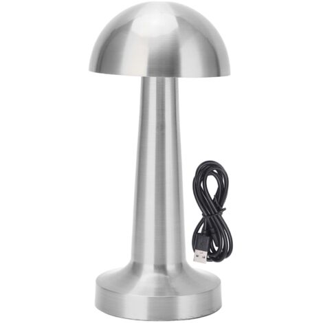 Kabellose, pilzförmige Nachttischlampe, USB-aufladbar, 3 Farben und einstellbare Helligkeit, silberfarbenes Metall, für Kinderzimmer oder Babyzimmer.