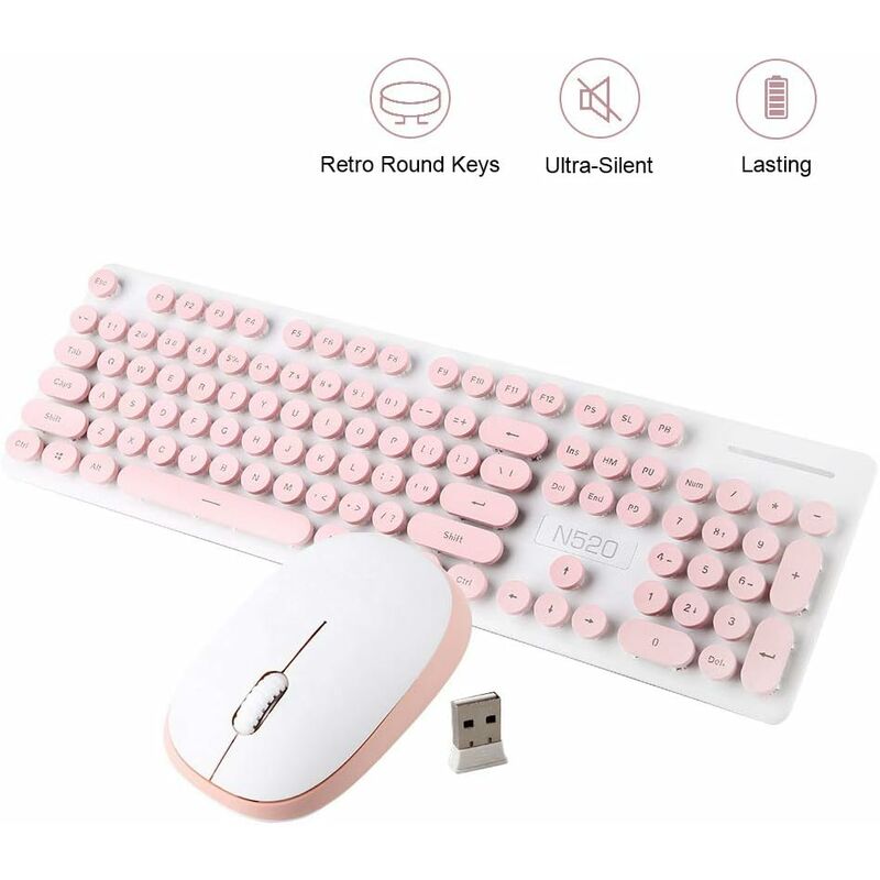 Kabellose Tastatur- und Maus-Kombination,N520 2,4-GHz-Retro-Wireless-Tastatur- und -Maus-Sets,Süße, schöne runde Taste in voller Größe,Mechanisches