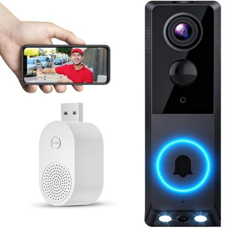 Kabellose Türklingel mit 2,4-GHz-WLAN-Kamera, wasserdichte Video-Türklingel für den Außenbereich mit 120°-Sichtwinkel, Nachtsicht, PIR-Personenerkennung, 2 Kameras und Gegensprechfunktion
