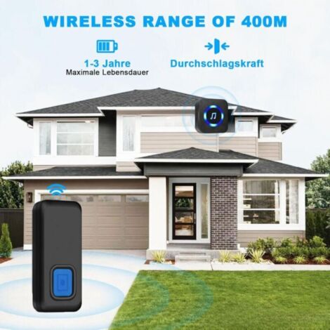 Kabellose Türklingel, wasserdichte elektronische Türklingel mit 300 m Reichweite, Klingelset mit Steckdosenempfängern für Zuhause, 50 Melodien, blaue und schwarze LED-Beleuchtung