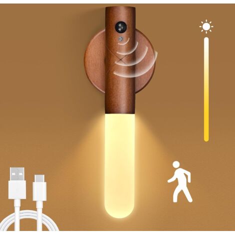 Kabellose Wandlampe mit Bewegungsmelder, 6000 K magnetische Holz-Wandleuchte, einstellbare Farbtemperatur/Helligkeit, wiederaufladbare LED-Lampe für Schlafzimmer/Treppe/Wohnzimmer-Braun