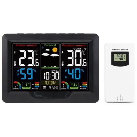 Kabellose Wetterstation Innen Außen mit Sensor, Thermometer mit Farbdisplay in 4 Helligkeitsstufen, DCF Funkwetterstation mit Uhrzeit, Temperatur, Luftfeuchtigkeit, Wettervorhersage, Kalender