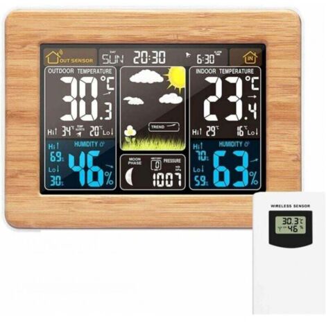 Kabellose Wetterstation mit Alarm und Temperatur/Luftfeuchtigkeit/Barometer/Alarm/Monduhr/Wetter mit digitalem Außensensor-Farbdisplay PT3365, Bamboo Noodles