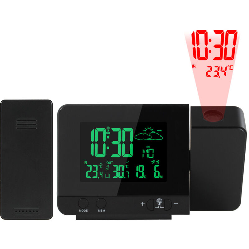Kabellose Wetterstation mit USB-Ladeanschluss – Hygrometer und Thermometer-Wanduhr für den Innen- und Außenbereich, farbenfrohe Projektionswecker für