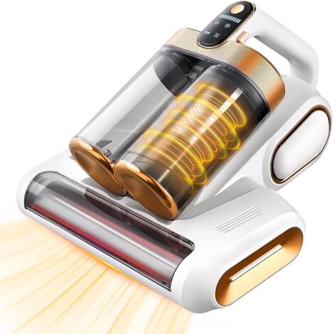 Kabelloser Matratzenstaubsauger, 16 kPa Bettstaubsauger mit 253,7 nm UV-C-Licht, 48.000 U/min, Bürstenwalze und Ultraschalltechnologie, zwei Staubbehältern und verbreiterter Saugöffnung, weiß