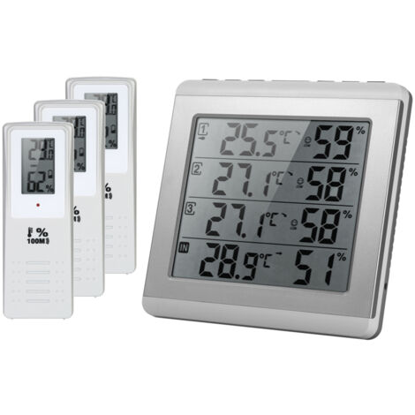Kabelloses digitales LCD-Thermometer-Hygrometer für den Innen- und Außenbereich, vier °C/°F-Kanäle, mit 3 Außensendern und Komfortstufenanzeige.