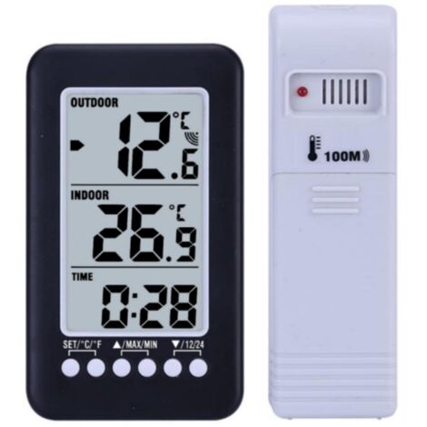 Kabelloses digitales Thermometer mit Uhr, LCD-Anzeige, Außensonde, Innen-/Außentemperaturanzeige in °C/°F