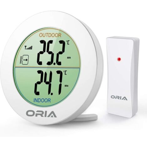 Kabelloses Digitalthermometer für drinnen und draußen mit Sensorsonde, HD-LCD-Display, Min/Max-Speicher, Trendanzeige, °C/°F, batteriebetrieben