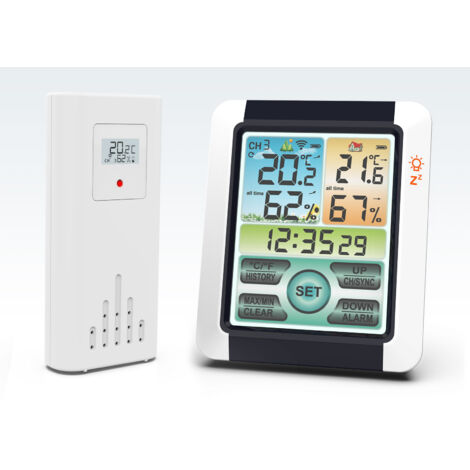LEPMERK Kabelloses Hygrometer für den Innen- und Außenbereich, Thermometer, Temperatur- und Luftfeuchtigkeitsanzeige, digitaler Wettervorhersagemonitor, Bahnhofsuhr, Atomwecker, Weiß