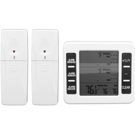 Kabelloses Kühlschrankthermometer mit 2 Sensoren, akustischem und optischem Alarm, LCD-Display, Messbereich -10 °C bis 60 °C, Reichweite 100 m