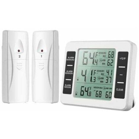 Kabelloses Kühlschrankthermometer mit 2 Sensoren – MAX/MIN-Alarm – Messbereich -40 °C bis 60 °C – Großes LCD-Display – Einfache Installation
