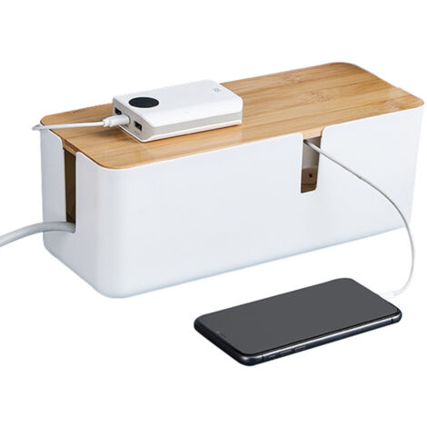 Kabelmanagement-Box mit Bambusdeckel, kleine Kabel-Organizer-Box für Verlängerungskabel, Netzstreifen, Überspannungsschutz, Drahtmanagement, Concealer, Abdeckung, Versteck - Weiß