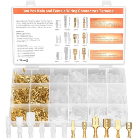 Kabelschuhe Set, 300 Stk Flachsteckhülsen Set, Männlich Weiblich Flachstecker Kit, Flachsteckverbinder Kabelstecker mit Isolierhülse, Isolierte Crimpverbinder Kabelverbinder, 2,8 mm 4,8 mm 6,3 mm