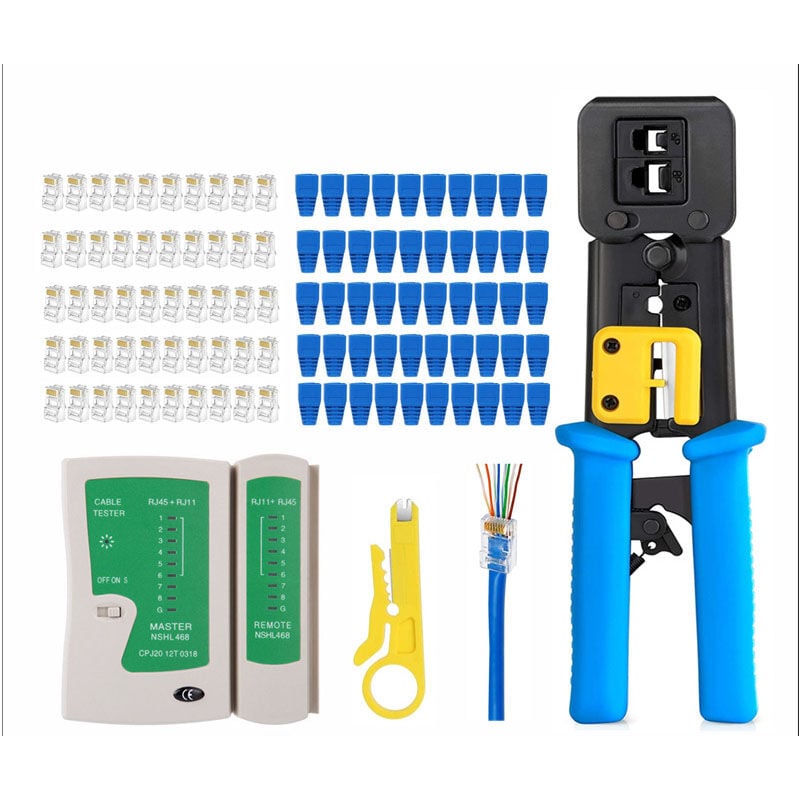 Memkey - Testeur de câble + outil à sertir RJ45 pour passer à travers CAT6 Cat5e Cat5 Outil à sertir pour RJ45/RJ11 standard, 50 connecteurs CAT5