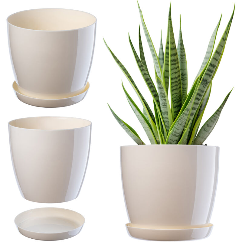 Kadax Blumentopf Mit Untersetzer, Aus Kunststoff, Rund, 23 Cm, Creme