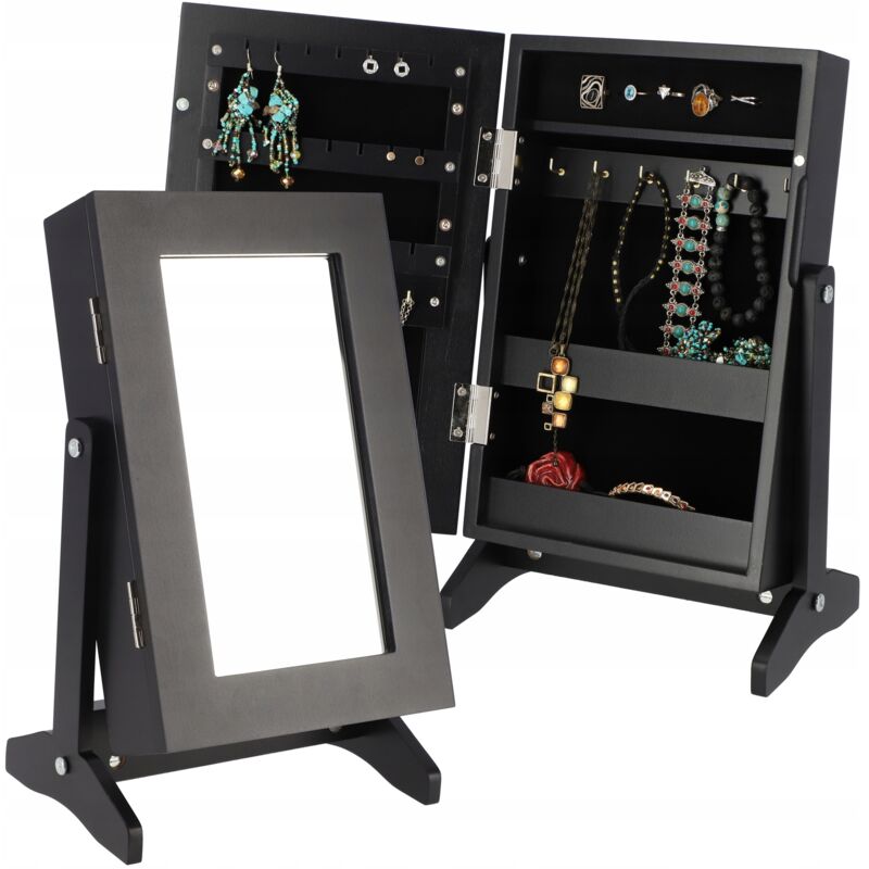 Boîte à bijoux avec miroir, 21 x 15 x 30,5 cm, boîte en panneau mdf, boîte à bijoux avec pieds, étui à bijoux pour chaînes, bagues (noir) - Kadax