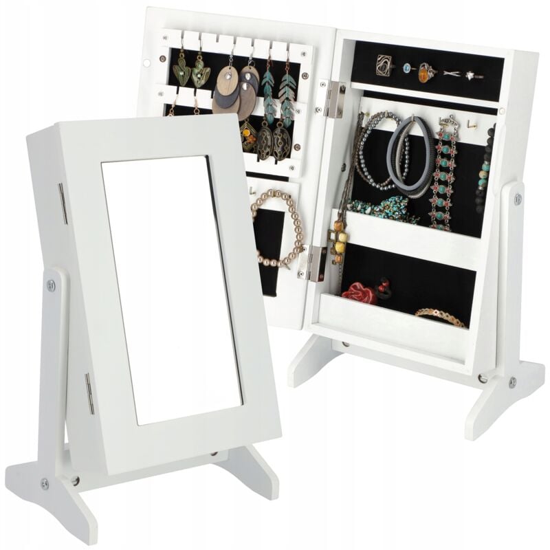 Boîte à bijoux avec miroir, 21 x 15 x 38,5 cm, boîte en panneau mdf, boîte à bijoux avec pieds, étui à bijoux pour chaînes, bagues (blanc) - Kadax
