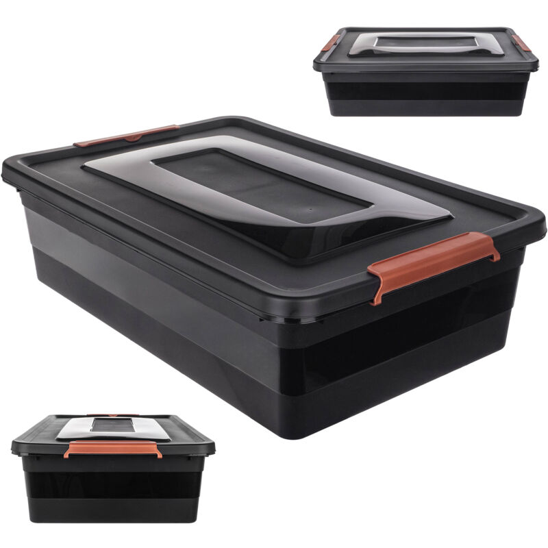 Boîte de rangement avec couvercle, boîte à jouets, boîte de rangement en plastique robuste avec fermeture à clic, noir, 28 l - Kadax