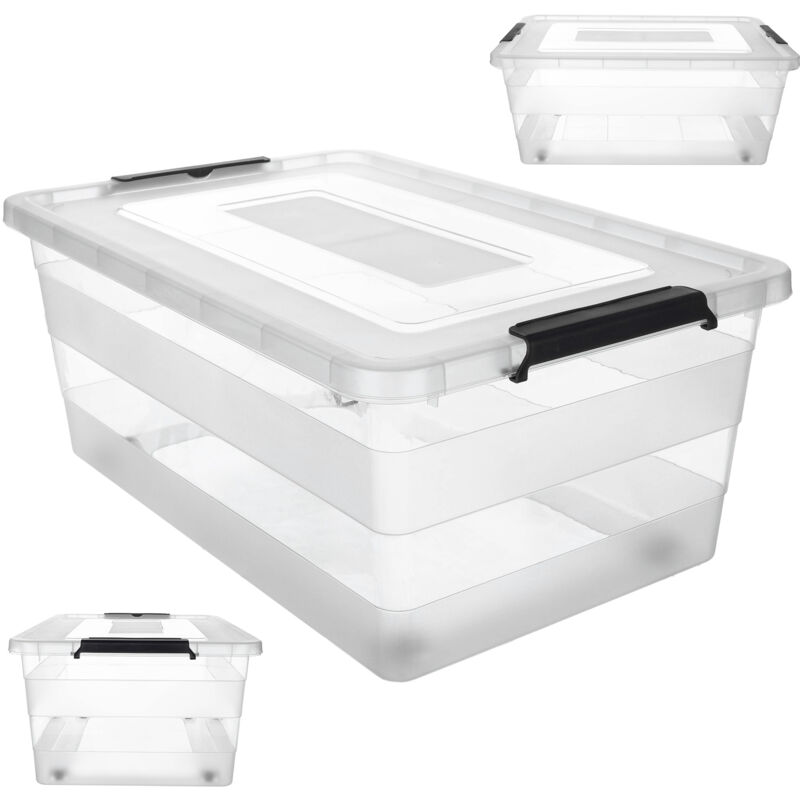 Boîte de rangement avec couvercle, boîte à jouets, récipient en plastique robuste avec fermeture à clic, boîte de rangement (transparent, 40 l)