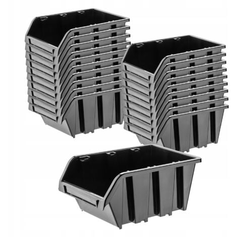 KADAX Boîtes de Rangement Murales, Boîtes Empilables en Plastique pour Organiser Vos Outils, Bacs à Bec pour Garage (Lot de 20 : Noir, 290 x 200 mm)