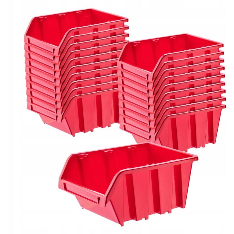 KADAX Boîtes de Rangement Murales, Boîtes Empilables en Plastique pour Organiser Vos Outils, Bacs à Bec pour Garage (Lot de 20 : Rouge, 195 x 120 mm)