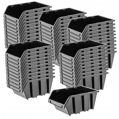 KADAX Boîtes de Rangement Murales, Boîtes Empilables en Plastique pour Organiser Vos Outils, Bacs à Bec pour Garage (Lot de 50 : Noir, 155 x 100 mm)