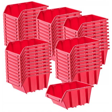 KADAX Boîtes de Rangement Murales, Boîtes Empilables en Plastique pour Organiser Vos Outils, Bacs à Bec pour Garage (Lot de 50 : Rouge, 115 x 80 mm)