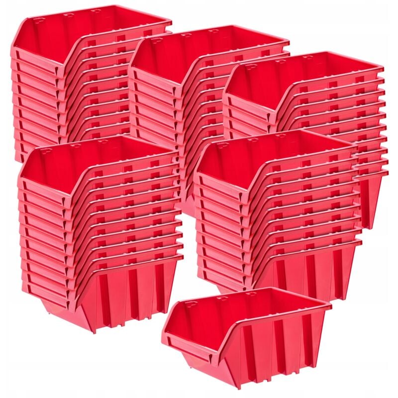 KADAX Boîtes de Rangement Murales, Boîtes Empilables en Plastique pour Organiser Vos Outils, Bacs à Bec pour Garage (Lot de 50 : Rouge, 290 x 200 mm)