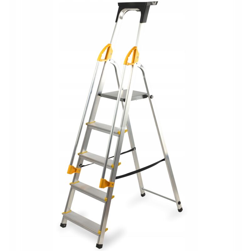 Chelle de ménage en aluminium, 5 marches, pliable, avec mains courantes + crochet - Kadax