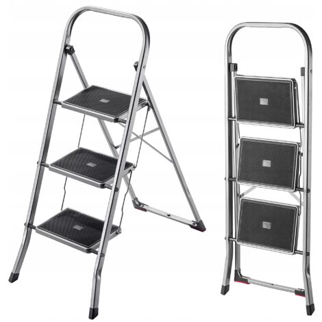 KADAX Échelle pliante en acier avec charge jusqu'à 150 kg, échelle avec sécurité pliante, marche courante avec marches antidérapantes (3 marches)