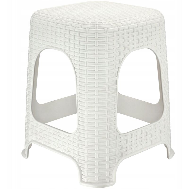 Image of Elegante sgabello in plastica effetto rattan, sgabello con piedini antiscivolo per uso interno ed esterno (Bianco) - Kadax