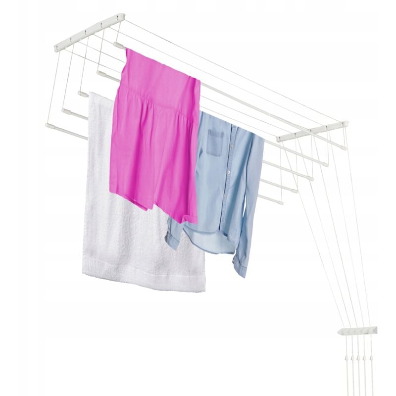 Etendoir a Linge au Plafond avec Tiges en Acier, Pratique Systeme de Sechage Suspended pour Maximiser l'espace Interieur (Blanc, 5 x 170 cm) - Kadax