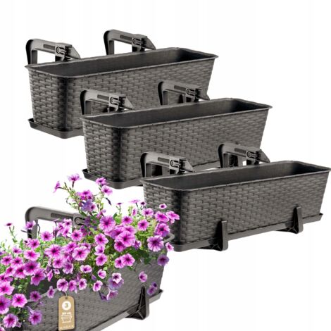 KADAX Fioriera sospesa da esterno 60 cm, balcone in plastica effetto rattan con staffe di montaggio integrate e sottovaso (marrone, set di 3)