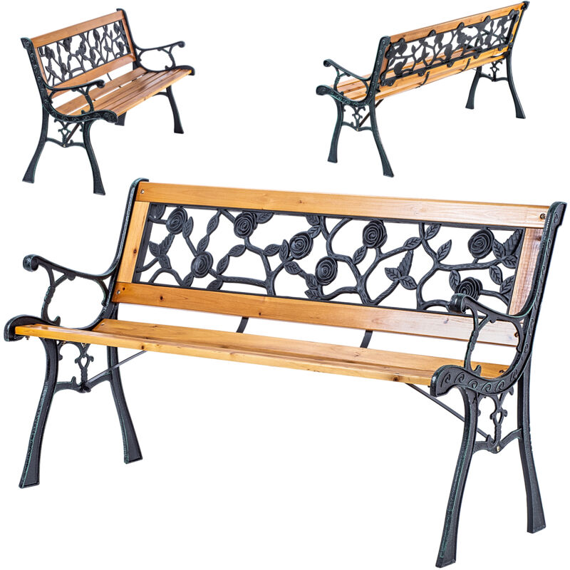 Kadax Gartenbank Aus Holz Und Gusseisen, 2-sitzer Holzbank Mit Armlehnen & Rückenlehne