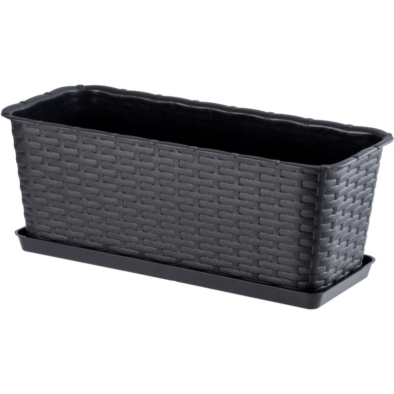 Jardinière Rectangulaire 40 cm, Balconnière en Plastique Aspect Rotin avec Soucoupe pour Embellir Votre Espace Extérieur (Anthracite) - Kadax