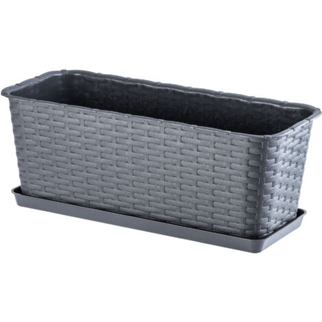KADAX Jardinière Rectangulaire 40 cm, Balconnière en Plastique Aspect Rotin avec Soucoupe pour Embellir Votre Espace Extérieur (Graphite)