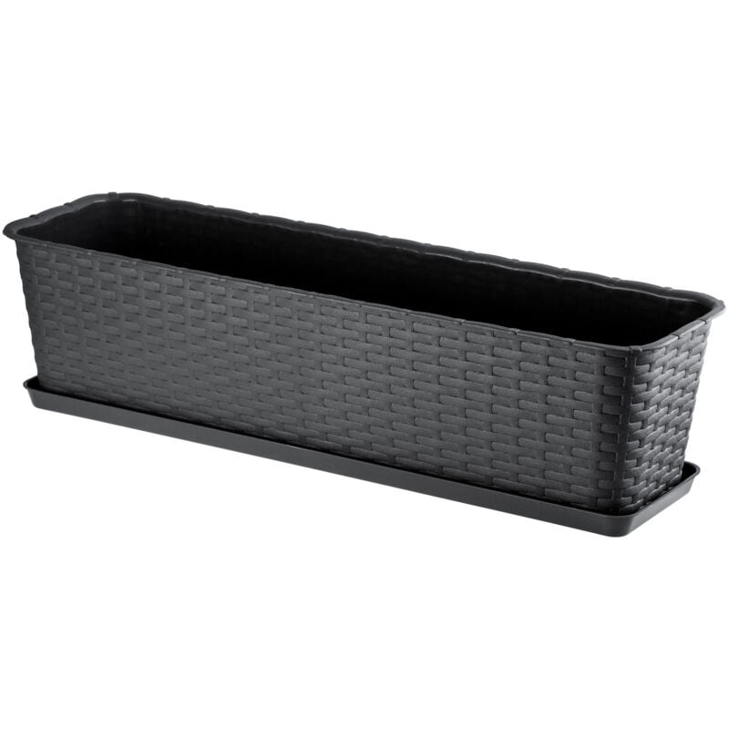 Jardinière Rectangulaire 60 cm, Balconnière en Plastique Aspect Rotin avec Soucoupe pour Embellir Votre Espace Extérieur (Anthracite) - Kadax