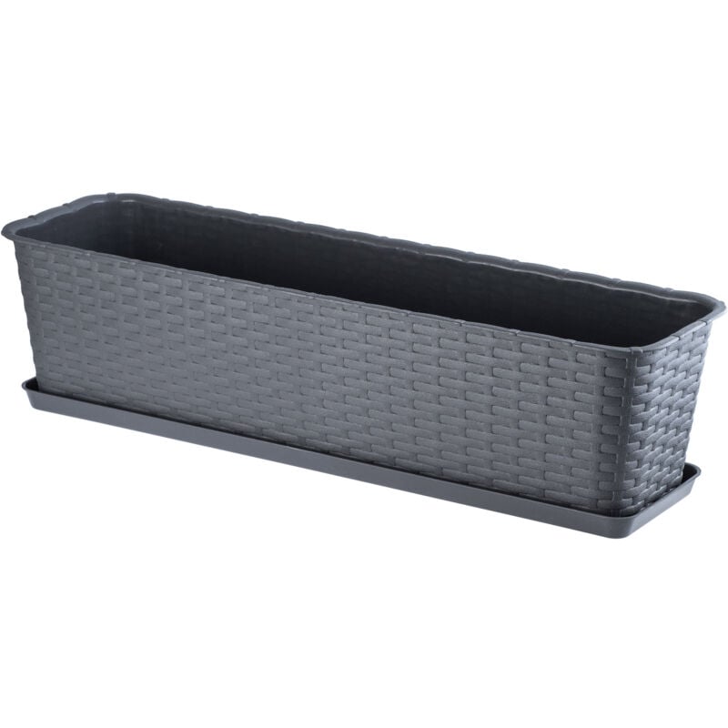Jardinière Rectangulaire 60 cm, Balconnière en Plastique Aspect Rotin avec Soucoupe pour Embellir Votre Espace Extérieur (Graphite) - Kadax